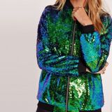 Ladies Loose Sequin Baseball Jacket (Color:Green Size:XXL)