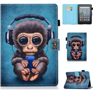 Voor Amazon Kindle Jeugdversie 2022 Gekleurde Tekening Stiksels Smart Leather Tablet Case(Headphone Monkey)