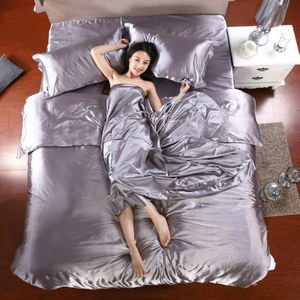 Pure Satin Silk Bedding Set Home Textile Bed Set Bedclothes Duvet Cover Sheet Pillowcases  Size:1.5m bed four-piece set(Silver)