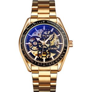 SKMEI 9194 Mannen Automatic Skeleton Mechanical Steel Band Watch (Golden Black Face)