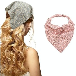 5 PCS Floral Elastic Band Turban Women Thin Floral Cloth Headscarf  Triangle Scarf(Small Floral Pink)