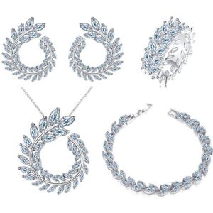 4 PCS/Set Leaf Shape Fashion CZ Necklace Earring Bracelet and Ring Sets  Ring  Size:8