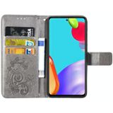 For Samsung Galaxy A52 5G Four-leaf Clasp Embossed Buckle Mobile Phone Protection Leather Case with Lanyard & Card Slot & Wallet & Bracket Function(Gray)