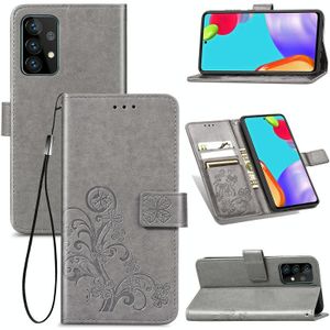For Samsung Galaxy A52 5G Four-leaf Clasp Embossed Buckle Mobile Phone Protection Leather Case with Lanyard & Card Slot & Wallet & Bracket Function(Gray)