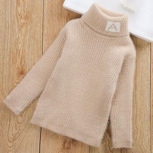 Letter Pattern Imitation Mink Velvet Children Turtleneck Knitted Sweater (Color:Khaki Size:120cm)