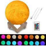 Customized 16-colors 3D Print Moon Lamp USB Charging Energy-saving LED Night Light with Remote Control & Wooden Holder Base  Diameter:20cm
