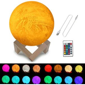 Customized 16-colors 3D Print Moon Lamp USB Charging Energy-saving LED Night Light with Remote Control & Wooden Holder Base  Diameter:20cm