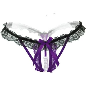 3 PCS Lady Pierced Sexy Panties Temptation Lace Translucent T Underwear(Purple)