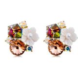 Women Fashion Gold-Plated Inlaid Colored Crystal with White Flower Stud Earrings