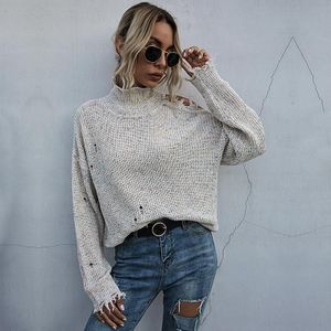 Dames losse off-shoulder gescheurde coltrui met lange mouwen herfst gebreide trui  maat: S