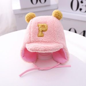 C0183 Letter Lamb Velvet Children Bomber Cap Warm Baby Hat with Cotto  Size: Around 50cm(Pink)