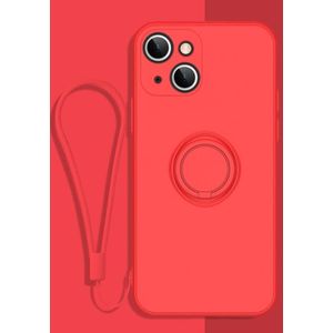 All-inclusive Liquid Silicone Phone Protective Case with Ring Holder & Lanyard For iPhone 13 mini(Lucky Red)