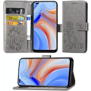 For OPPO Reno4 Four-leaf Clasp Embossed Buckle Mobile Phone Protection Leather Case with Lanyard & Card Slot & Wallet & Bracket Function(Gray)