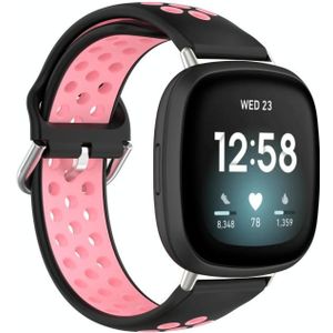 Voor Fitbit Versa 3 tweekleurige geperforeerde ademende siliconen horlogeband (zwart + roze)