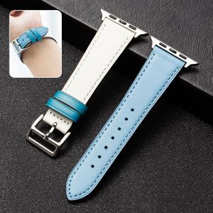 Business Cowhide Leather Strap Watchband For Apple Watch Series 6&SE&5&4 44mm / 3&2&1 42mm(Light Blue White)