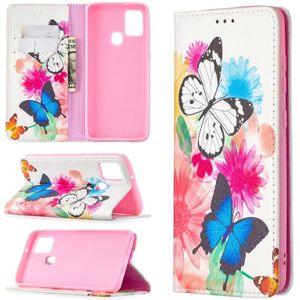 For Samsung Galaxy A21s Colored Drawing Pattern Invisible Magnetic Horizontal Flip PU Leather Case with Holder & Card Slots & Wallet(Two Butterflies)