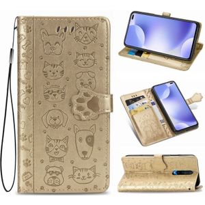 For Xiaomi Redmi K30 Cute Cat and Dog Embossed Horizontal Flip PU Leather Case with Holder / Card Slot / Wallet / Lanyard(Gold)