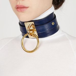European and American Harajuku PU Leather Gold Single Ring Collar Wide Street-Snap Nightclub O-shaped Choker Necklace(Baby Blue)