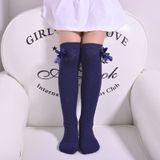 3 Pairs Children's Tube Socks Mesh Bow Princess Socks Square Grid Over Knee Socks  Size:43cm(Navy)