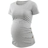 Moederschap korte mouwen T-shirt Zijknoppen geplooid bovenkant (kleur: lichtgrijze strepen Maat: L)