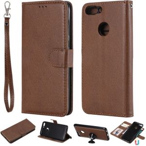 For Huawei P Smart / Enjoy 7s Solid Color Horizontal Flip Protective Case with Holder & Card Slots & Wallet & Photo Frame & Lanyard(Brown)