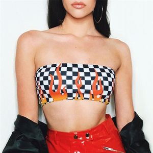 Sexy Women Flame Plaid Print Tube Top  Size:L(Black and White)