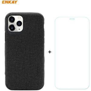 For iPhone 11 Pro ENKAY ENK-PC0322 2 in 1 Business Series Denim Texture PU Leather + TPU Soft Slim Case Cover ? 0.26mm 9H 2.5D Tempered Glass Film(Black)