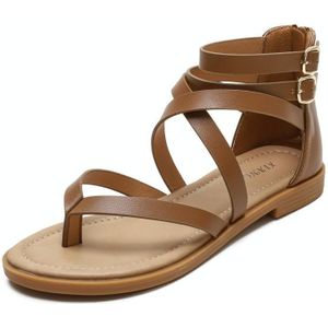 Dames Zomer Strappy Cross Sandalen Roman Style Low-Heeled Retro Schoenen  Maat: 40 (Bruin)