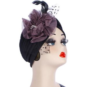 Spring and Autumn Flowers Dots Mesh Turban Hat Wrap Hat(Black + Purple)