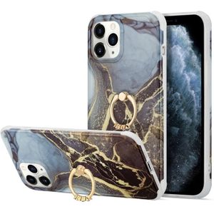 For iPhone 13 mini Four Corners Shocproof Flow Gold Marble IMD Back Cover Case with Metal Rhinestone Ring(Black)