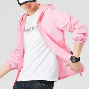 Summer Nylon Waterproof and Breathable Fabric Anti-ultraviolet Hooded Sun Protection Shirt for Men (Color:Pink Size:L)