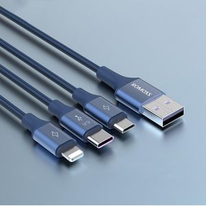 ROMOSS 3-in-1 66W 6A USB naar 8-pins / Type-C / USB-C / micro-oplaadkabel Nylon gevlochten snoer 1 5M