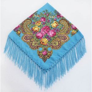 Peacock Blue Ethnic Style Retro Tassel Square Scarf Flower Pattern Headscarf Scarf  Size:90 x 90cm