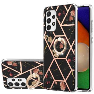 Voor Samsung Galaxy A53 5G splitsen marmeren bloempatroon TPU ringhouder (zwarte bloem)