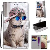 For Samsung Galaxy A12 / M12 Coloured Drawing Cross Texture Horizontal Flip PU Leather Case with Holder & Card Slots & Wallet & Lanyard(Slant Hat Blue Mirror Cat)