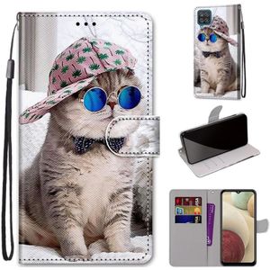 For Samsung Galaxy A12 / M12 Coloured Drawing Cross Texture Horizontal Flip PU Leather Case with Holder & Card Slots & Wallet & Lanyard(Slant Hat Blue Mirror Cat)
