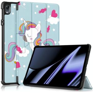 Voor OPPO Pad 11 inch 3-opvouwbare Magnetische Gesp Gekleurde Tekening Lederen Tablet Case (Regenboog Eenhoorn)