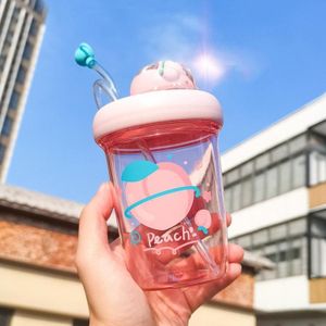 MTUTU Fruit Landscape Rotary Cup Straw Cup Fun Children Water Cup  Capacity: 390ml(Peach Pink)