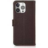 Khazneh Side-Magnetic Litchi Echt leer RFID Case voor iPhone 13 Pro (Brown)