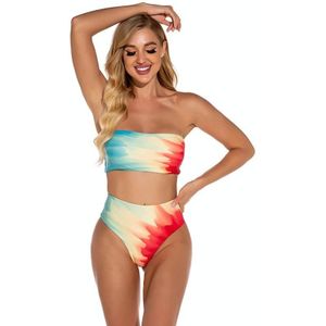 2 in 1 Polyester Tie-dye Tube Top Bikini Ladies High Waist Split Swimsuit Set with Chest Pad (Color:Red Yellow Blue Size:M)