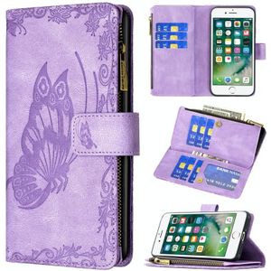For iPhone 8 / 7 Flying Butterfly Embossing Pattern Zipper Horizontal Flip Leather Case with Holder & Card Slots & Wallet(Purple)