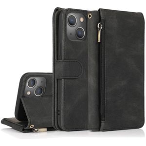 Skin-Feel Crazy Horse Textuur Zipper Portemonnee Bag Horizontale Flip Leren Case met Houder & Card Slots & Wallet & Lanyard voor iPhone 13 Pro (Zwart)