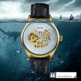 SKMEI 9209 Men Business Automatic Mechanical Watch Round Hollow Dial Leather Watchband Watch(Golden Silver)