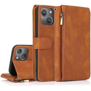 Skin-Feel Crazy Horse Textuur Zipper Portemonnee Bag Horizontale Flip Leren Case met Houder & Kaart Slots & Wallet & Lanyard voor iPhone 13 Mini (Brown)