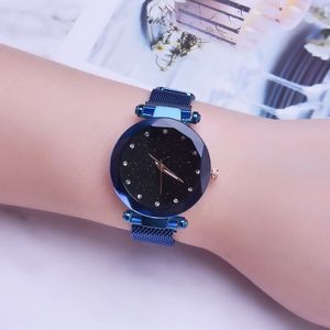 Luxury Mesh Ladies Clock Magnet Buckle Starry Diamond Geometric Quartz Wristwatch Women Watches(Blue)