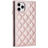 Voor iPhone 11 Pro Max Grid Texture Lanyard Rits lederen telefoonhoes (rosé goud)