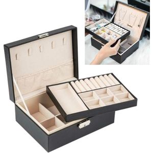 Portable Leather Jewelry Storage Box Necklace Ring Watch Storage Box  Style:Double Layer(Black)