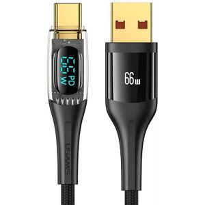 USAMS USB naar Type-C 66W aluminiumlegering transparant digitaal display snellaadgegevenskabel  kabellengte: 2m