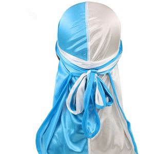 Double-coloured Silk Satin Long-tailed Pirate Hat Turban Cap Chemotherapy Cap (White + Baby Blue)