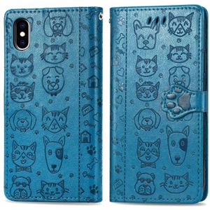 For iPhone XS Max Cute Cat and Dog Embossed Horizontal Flip PU Leather Case with Holder / Card Slot / Wallet / Lanyard(Blue)